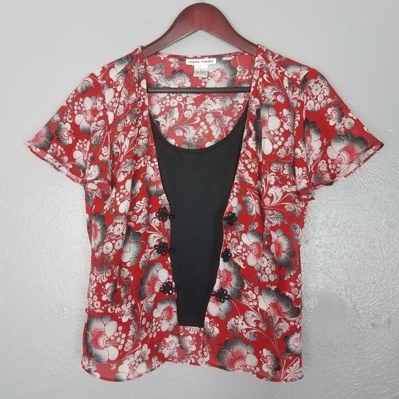 Michele Michelle Vintage Y2K Red Floral Open Front Blouse - Picture 4 of 6
